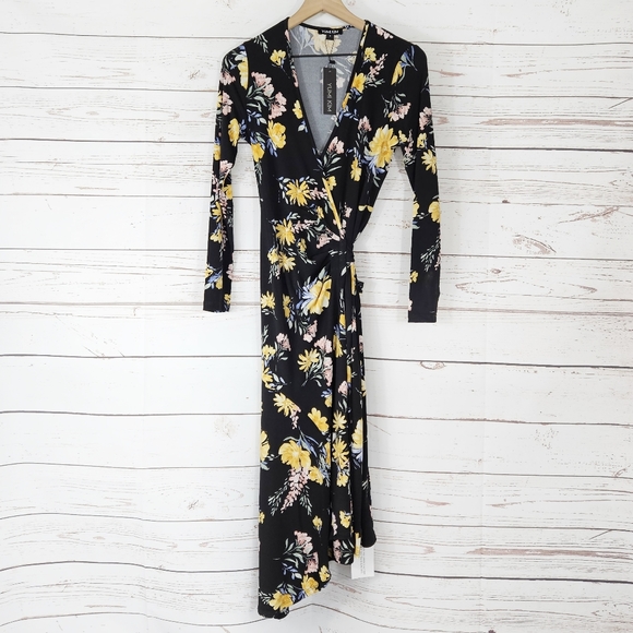 Yumi Kim | Sabine Black Yellow Floral Wrap Midi Dress NWT - Picture 2 of 6